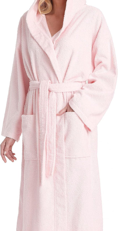 Women's Hooded Classic Bathrobe Turkish Cotton Robe with Full Length Options