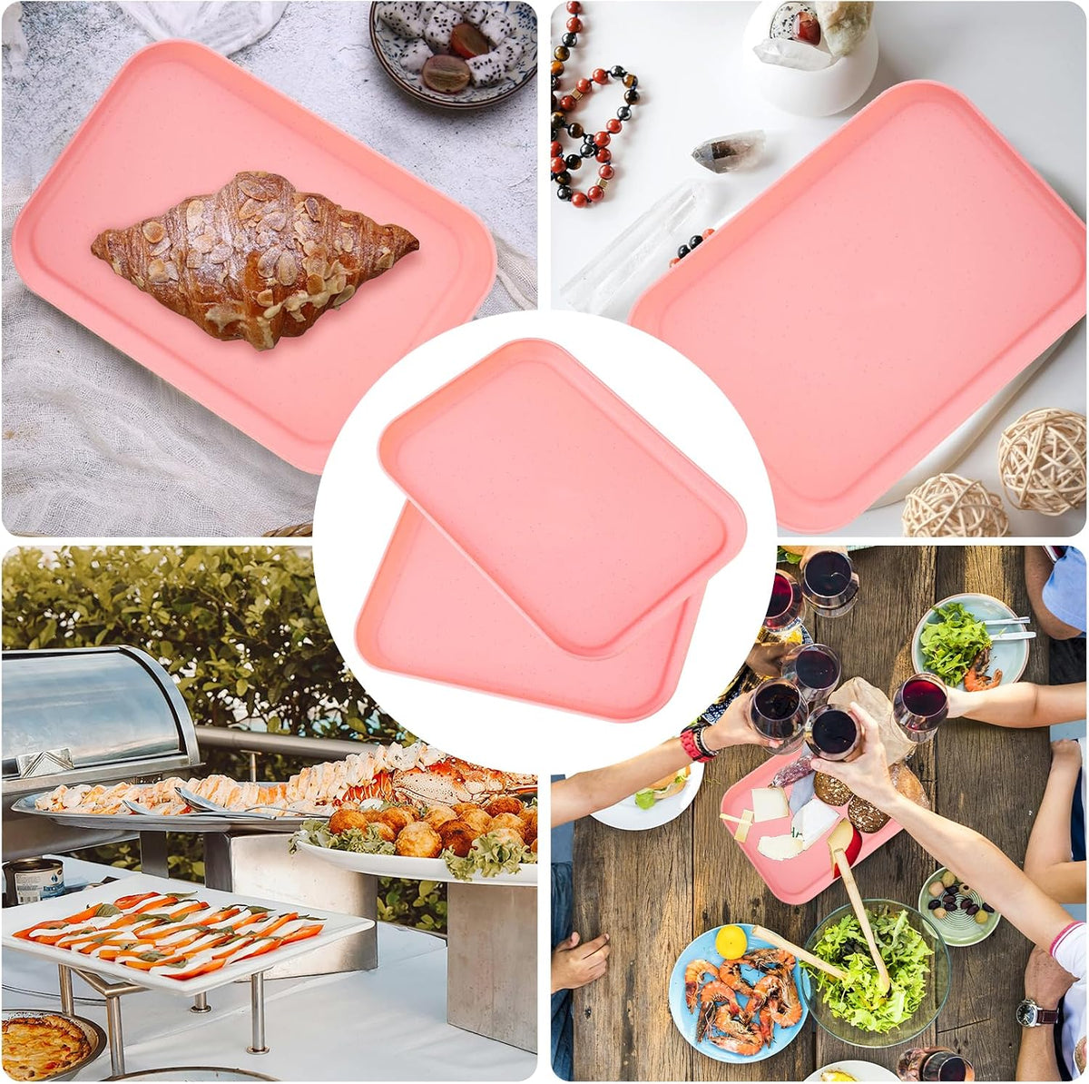 Pink Plastic Serving Platters and Trays,Serving Dishes for Entertaining,Rectangular Platters for Serving Food, Appetizer Serving Trays for Snacks,Charcuterie,Chips,Candy,Fruit,Sushi