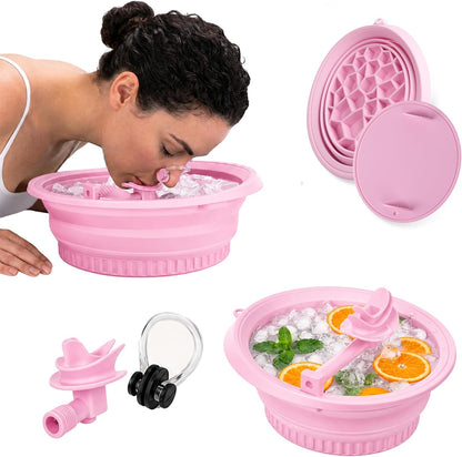 Ice Face Bath Bowl – New Version with Breathing Tube & Hygienic Lid | Collapsible Silicone Facial Cold Plunge Bowl | Reduces Puffiness, Tightens Pores | Foldable Self-Care Gift (Pink)