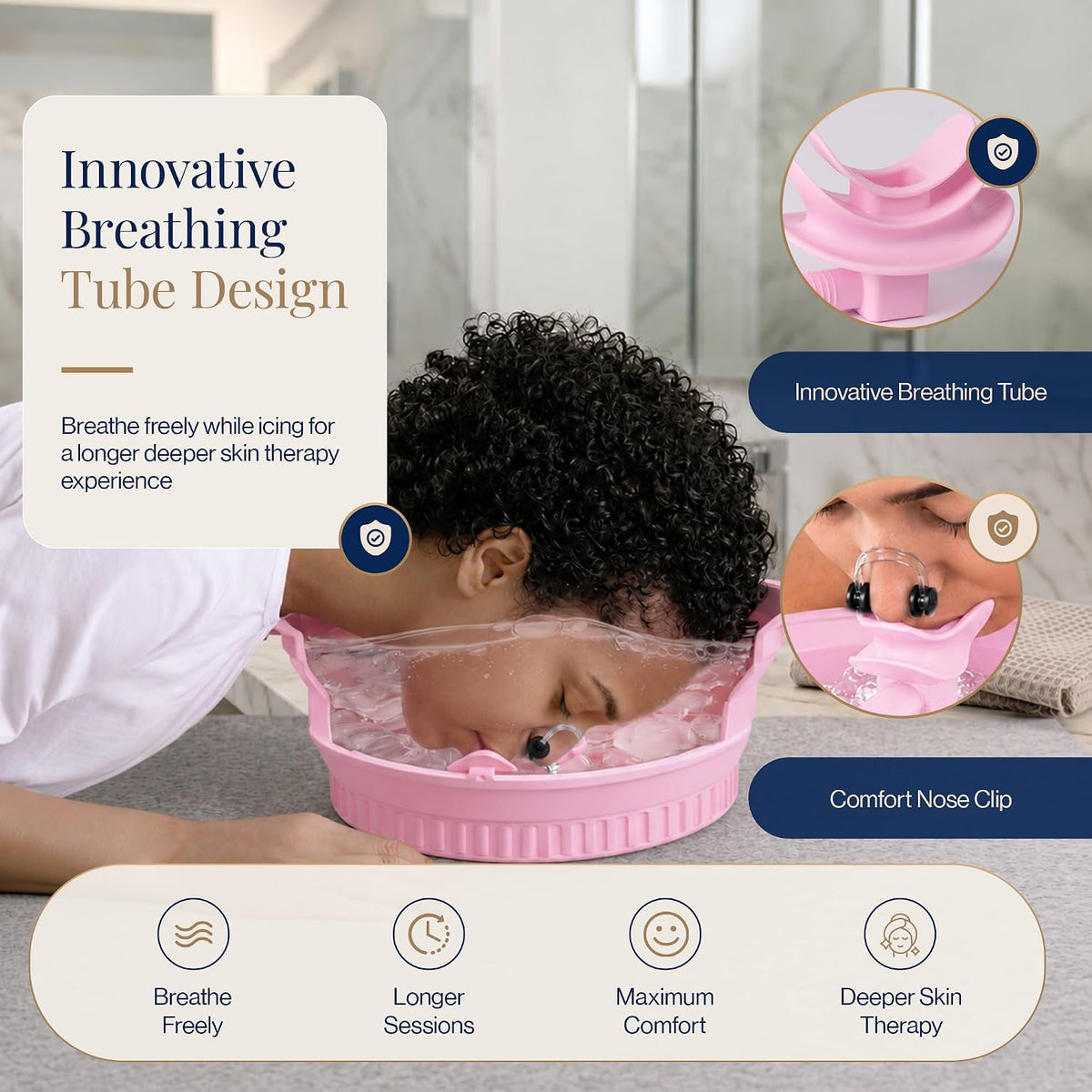 Ice Face Bath Bowl – New Version with Breathing Tube & Hygienic Lid | Collapsible Silicone Facial Cold Plunge Bowl | Reduces Puffiness, Tightens Pores | Foldable Self-Care Gift (Pink)