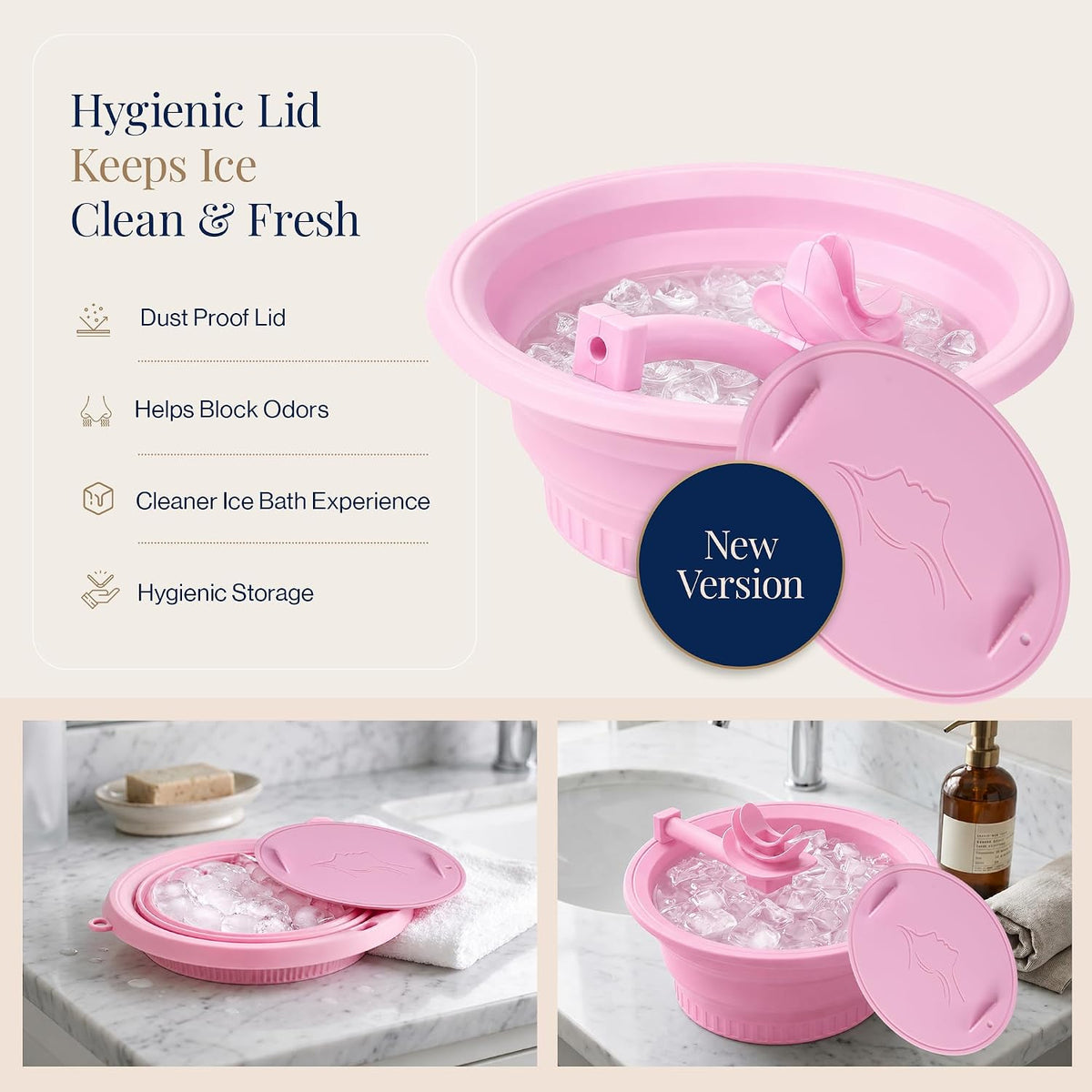 Ice Face Bath Bowl – New Version with Breathing Tube & Hygienic Lid | Collapsible Silicone Facial Cold Plunge Bowl | Reduces Puffiness, Tightens Pores | Foldable Self-Care Gift (Pink)