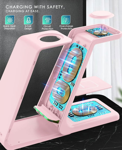 3 in 1 Wireless Charging Station, 2026 Upgraded Fast Desk Charger Station for iPhone 17 16 15 14 13 12 Pro Max Plus, Charger Stand for Apple Watch 10 9 8 7 6 5 4 3 2 SE, Airpods 4 3 2 Pro(Pink)