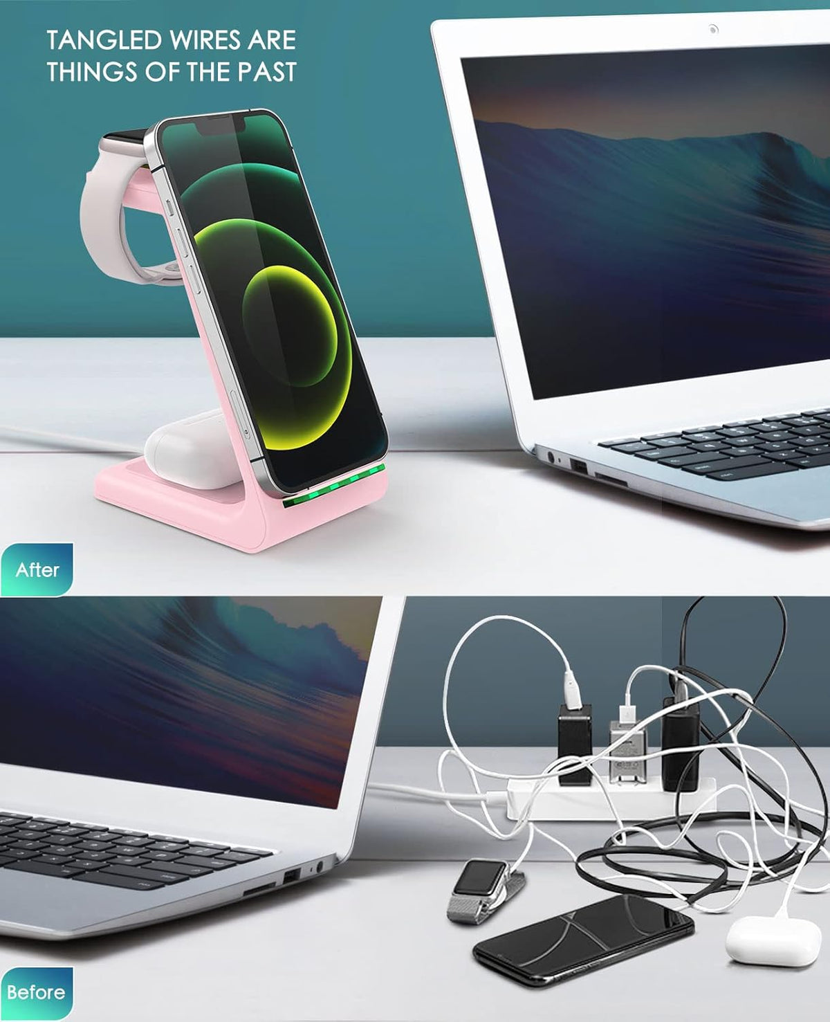3 in 1 Wireless Charging Station, 2026 Upgraded Fast Desk Charger Station for iPhone 17 16 15 14 13 12 Pro Max Plus, Charger Stand for Apple Watch 10 9 8 7 6 5 4 3 2 SE, Airpods 4 3 2 Pro(Pink)