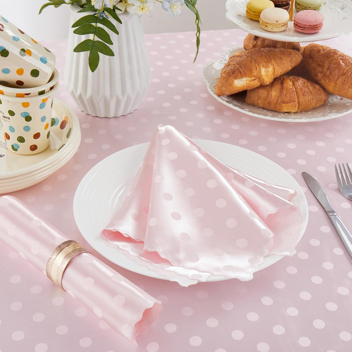Blush Pink Satin Napkins Set Of 12，Blush Pink Polka Dots Satin Napkins Square 17 x 17 Inches for Wedding Dinner Birthday Easte Party Supplies