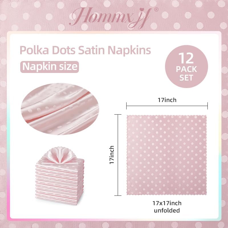 Blush Pink Satin Napkins Set Of 12，Blush Pink Polka Dots Satin Napkins Square 17 x 17 Inches for Wedding Dinner Birthday Easte Party Supplies