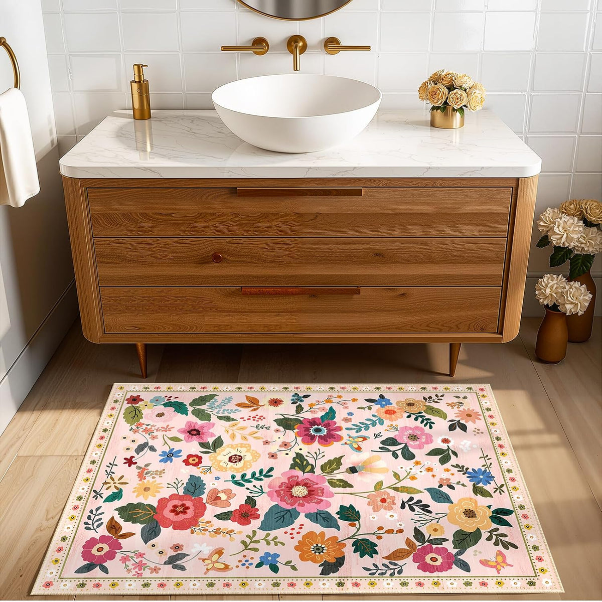 Floral Washable 2x3 Area Rugs Doormat Pink