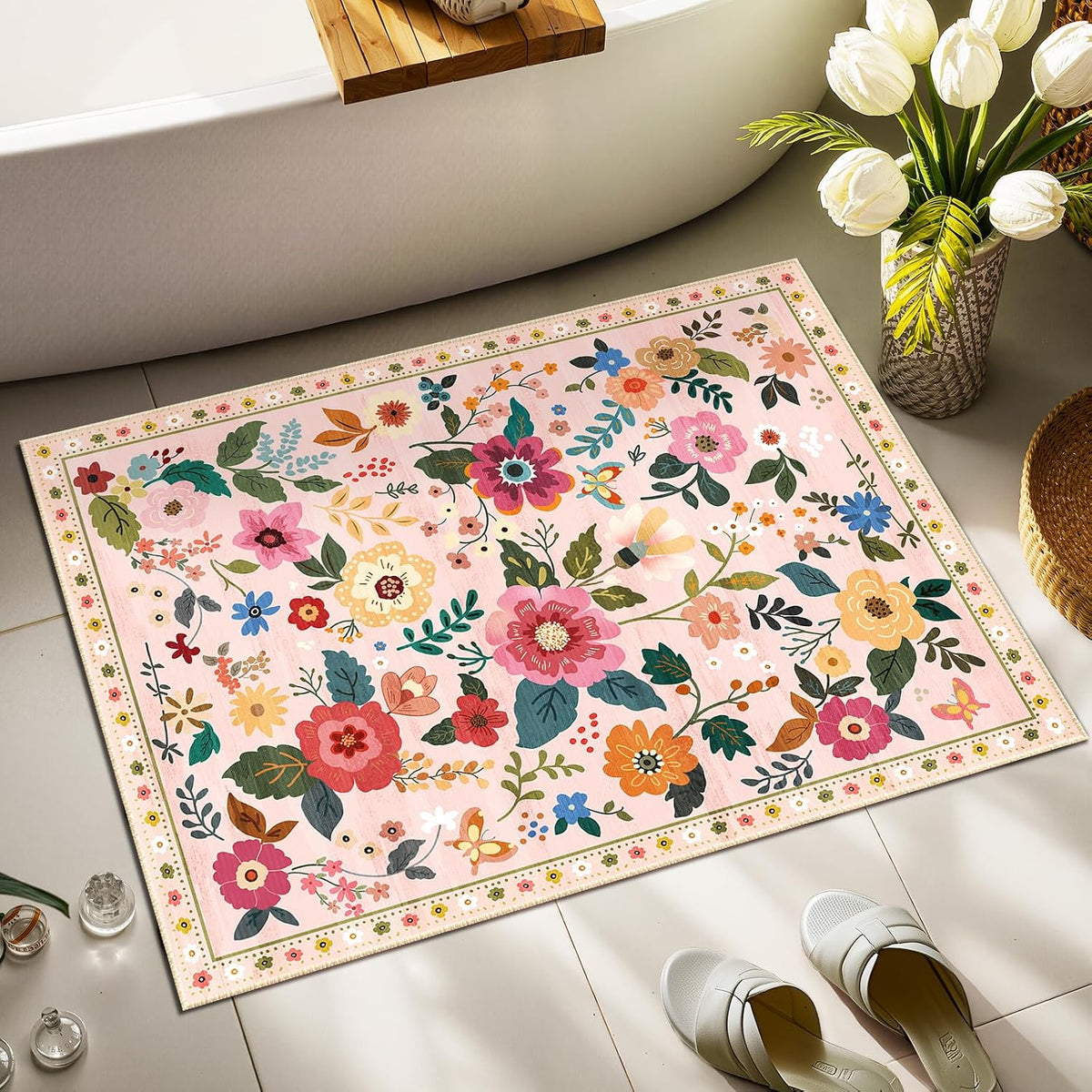 Floral Washable 2x3 Area Rugs Doormat Pink