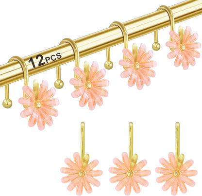 Shower Curtain Hooks, Rust Resistant Cute Daisy Metal Decorative Shower Rings Hangers Set of 12 for Bathroom Curtains,Clothing, Towels (Gold Pink)