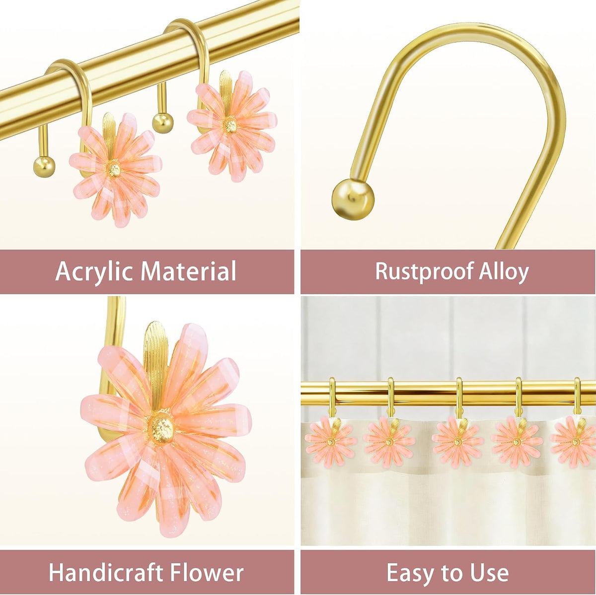 Shower Curtain Hooks, Rust Resistant Cute Daisy Metal Decorative Shower Rings Hangers Set of 12 for Bathroom Curtains,Clothing, Towels (Gold Pink)