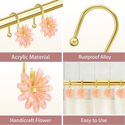 Shower Curtain Hooks, Rust Resistant Cute Daisy Metal Decorative Shower Rings Hangers Set of 12 for Bathroom Curtains,Clothing, Towels (Gold Pink)