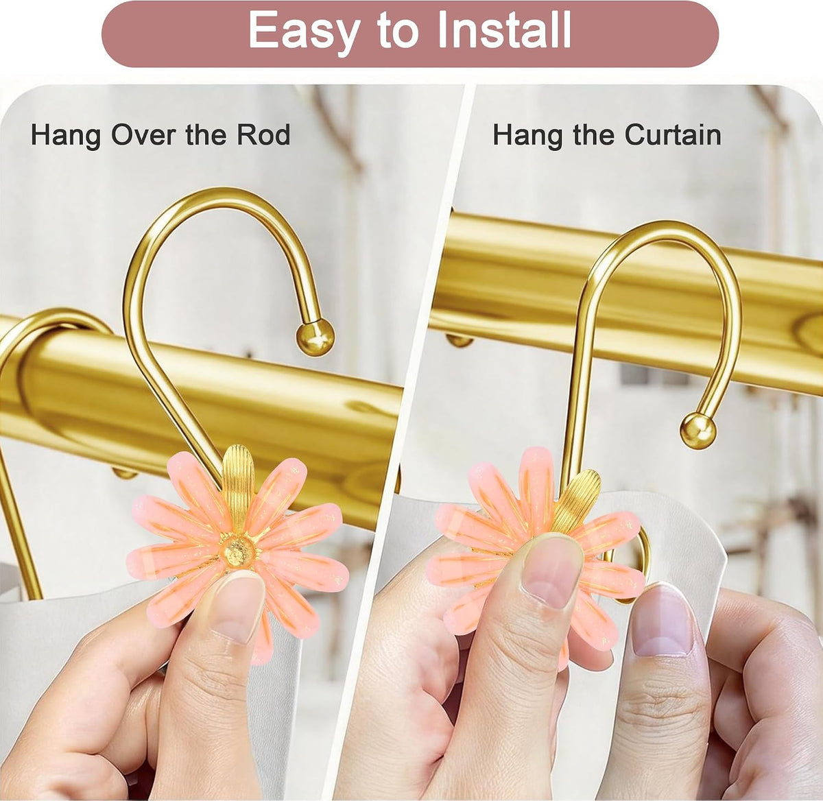 Shower Curtain Hooks, Rust Resistant Cute Daisy Metal Decorative Shower Rings Hangers Set of 12 for Bathroom Curtains,Clothing, Towels (Gold Pink)