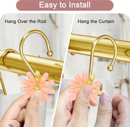 Shower Curtain Hooks, Rust Resistant Cute Daisy Metal Decorative Shower Rings Hangers Set of 12 for Bathroom Curtains,Clothing, Towels (Gold Pink)