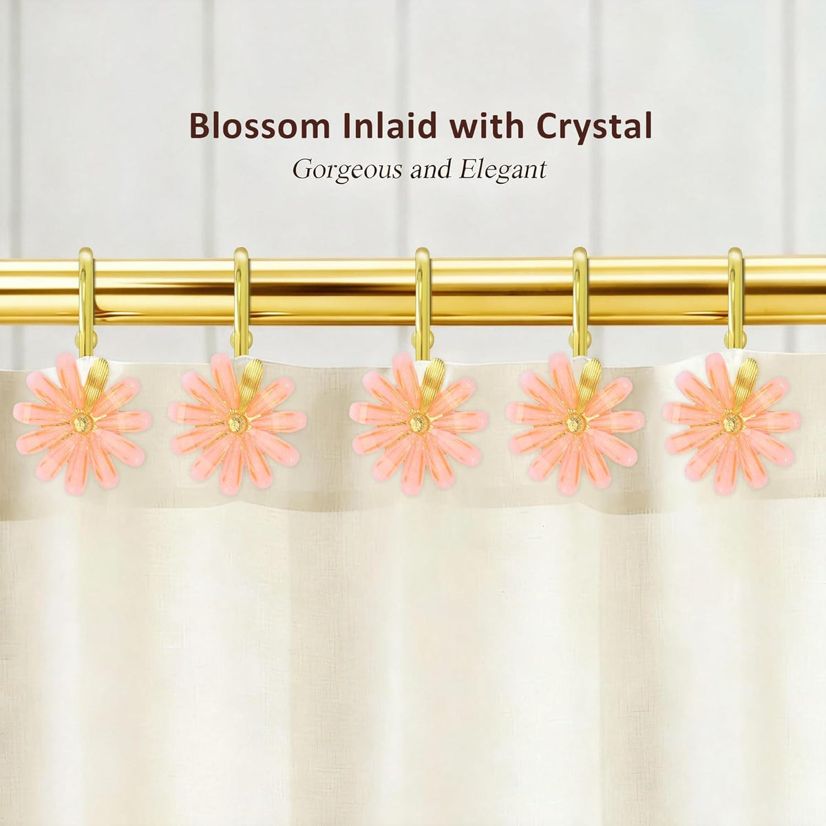 Shower Curtain Hooks, Rust Resistant Cute Daisy Metal Decorative Shower Rings Hangers Set of 12 for Bathroom Curtains,Clothing, Towels (Gold Pink)