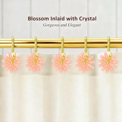 Shower Curtain Hooks, Rust Resistant Cute Daisy Metal Decorative Shower Rings Hangers Set of 12 for Bathroom Curtains,Clothing, Towels (Gold Pink)