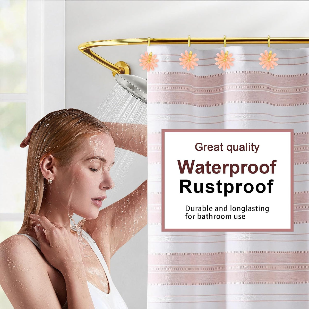 Shower Curtain Hooks, Rust Resistant Cute Daisy Metal Decorative Shower Rings Hangers Set of 12 for Bathroom Curtains,Clothing, Towels (Gold Pink)