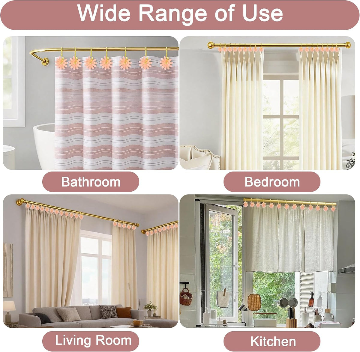 Shower Curtain Hooks, Rust Resistant Cute Daisy Metal Decorative Shower Rings Hangers Set of 12 for Bathroom Curtains,Clothing, Towels (Gold Pink)