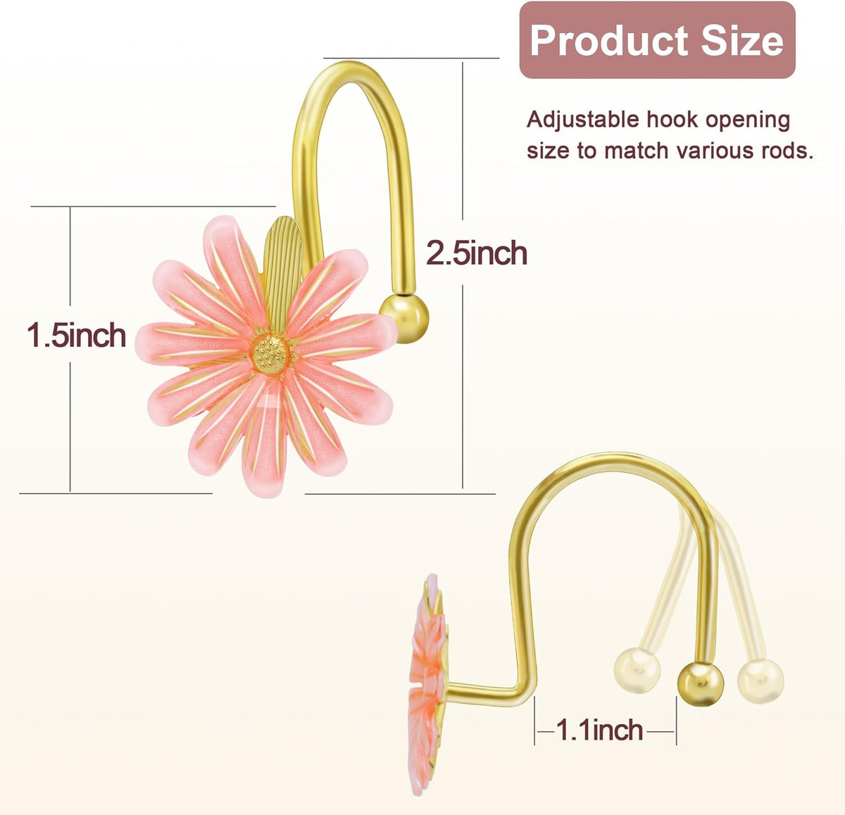 Shower Curtain Hooks, Rust Resistant Cute Daisy Metal Decorative Shower Rings Hangers Set of 12 for Bathroom Curtains,Clothing, Towels (Gold Pink)