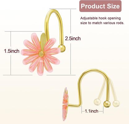 Shower Curtain Hooks, Rust Resistant Cute Daisy Metal Decorative Shower Rings Hangers Set of 12 for Bathroom Curtains,Clothing, Towels (Gold Pink)