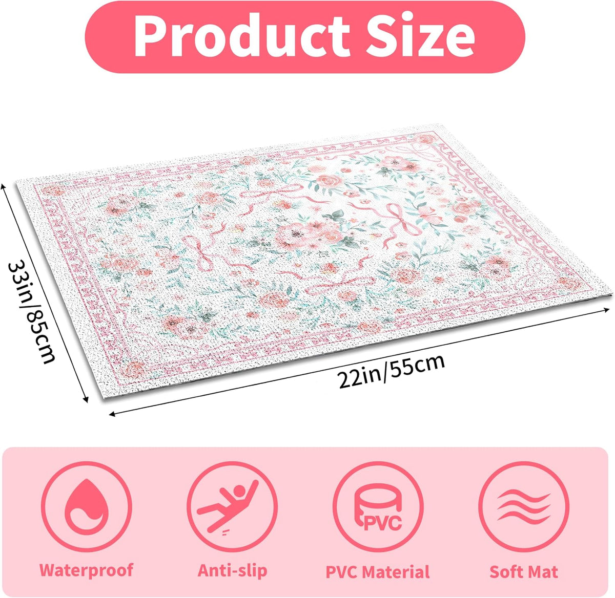 Cat Litter Mat 33" x 22" for Litter Box, Non-Slip Washable Floor Mat with Litter Trapping Design, Scatter Control for Cats and Kittens, Pink