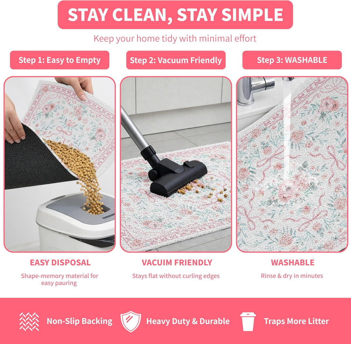 Cat Litter Mat 33" x 22" for Litter Box, Non-Slip Washable Floor Mat with Litter Trapping Design, Scatter Control for Cats and Kittens, Pink