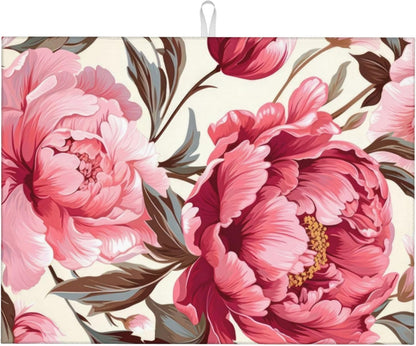 Pink Peony Dish Drying Mats for Kitchen Counter, Absorbent Reversible Microfiber Dish Drying Pad, Multi-Use Large Drying Mat Coffee Bar Accessories 18"x24"