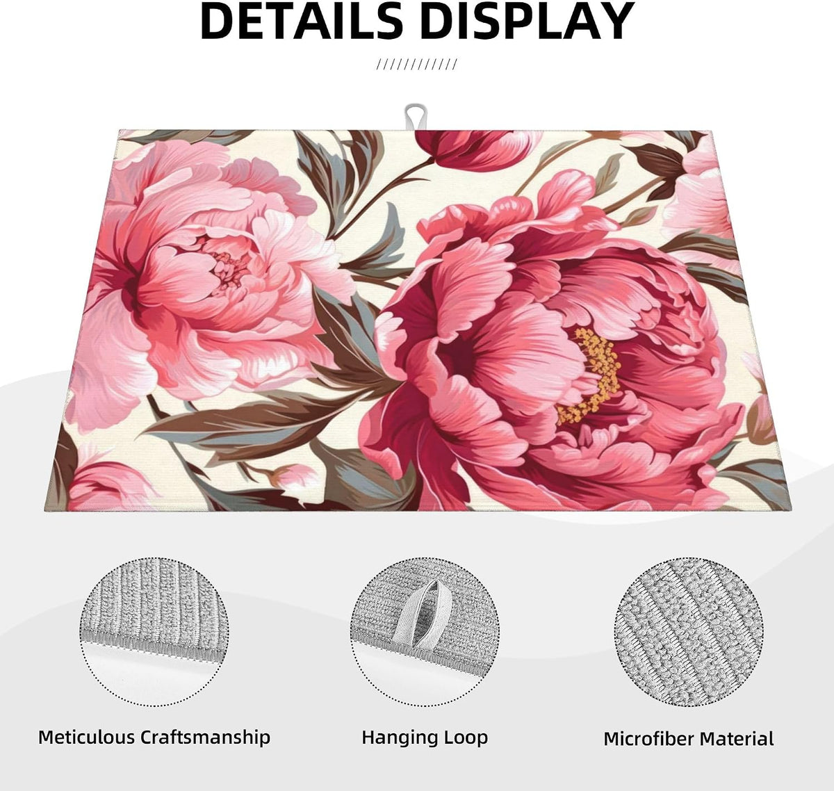 Pink Peony Dish Drying Mats for Kitchen Counter, Absorbent Reversible Microfiber Dish Drying Pad, Multi-Use Large Drying Mat Coffee Bar Accessories 18"x24"