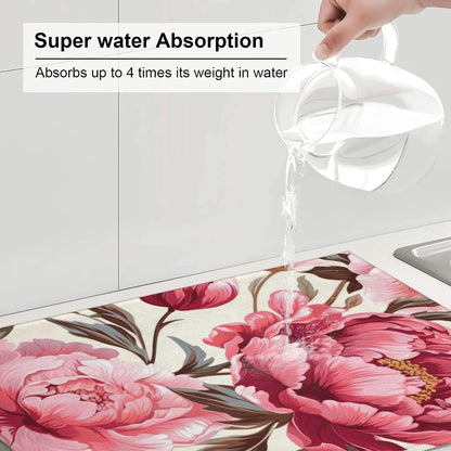 Pink Peony Dish Drying Mats for Kitchen Counter, Absorbent Reversible Microfiber Dish Drying Pad, Multi-Use Large Drying Mat Coffee Bar Accessories 18"x24"