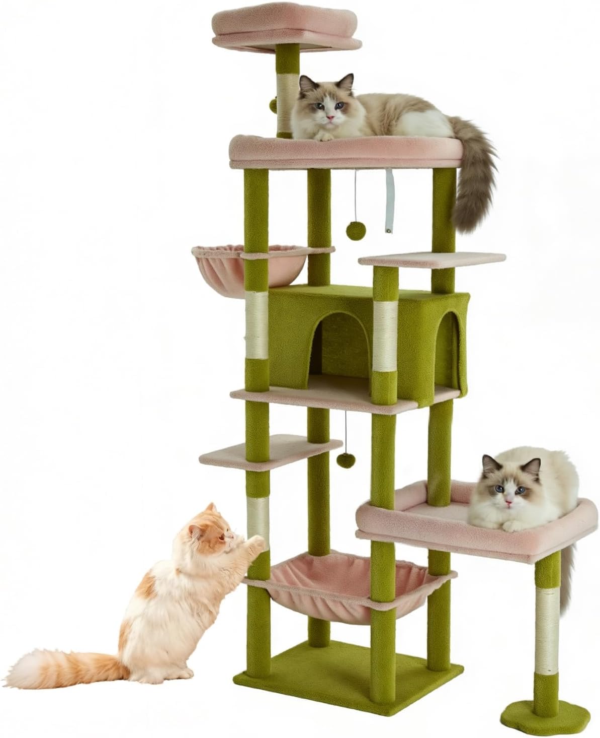 77.5 Inch Cat Tree with Bed, Hammock, Observation Deck, Plush Platform & Toy Ball for Indoor Cats (Green + Pink)