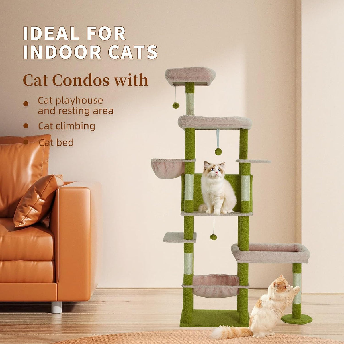77.5 Inch Cat Tree with Bed, Hammock, Observation Deck, Plush Platform & Toy Ball for Indoor Cats (Green + Pink)