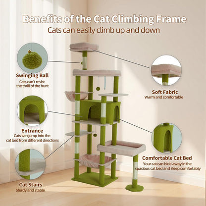 77.5 Inch Cat Tree with Bed, Hammock, Observation Deck, Plush Platform & Toy Ball for Indoor Cats (Green + Pink)