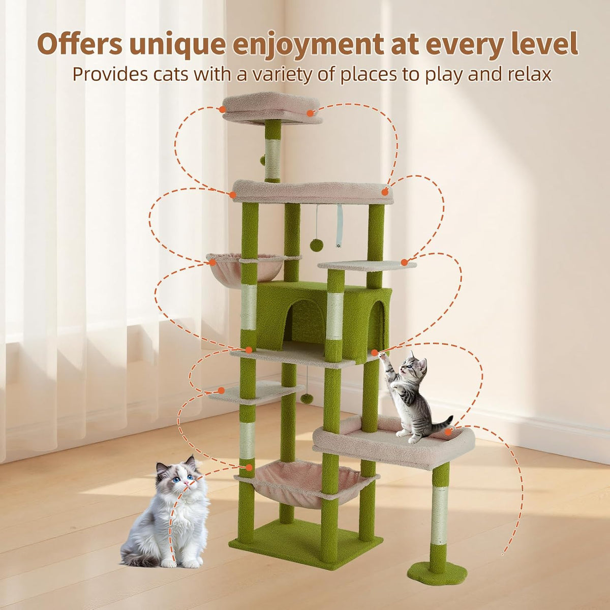 77.5 Inch Cat Tree with Bed, Hammock, Observation Deck, Plush Platform & Toy Ball for Indoor Cats (Green + Pink)