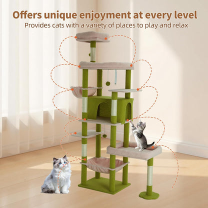 77.5 Inch Cat Tree with Bed, Hammock, Observation Deck, Plush Platform & Toy Ball for Indoor Cats (Green + Pink)