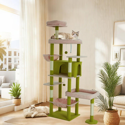 77.5 Inch Cat Tree with Bed, Hammock, Observation Deck, Plush Platform & Toy Ball for Indoor Cats (Green + Pink)