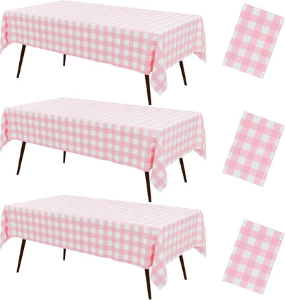 3 Packs Buffalo Disposable Table Cloth, 54 x 108 Inch Waterproof Plastic Tablecloth, Rectangle Pink and White Checkered Table Covers for Picnic, Birthday, Party, Back to School