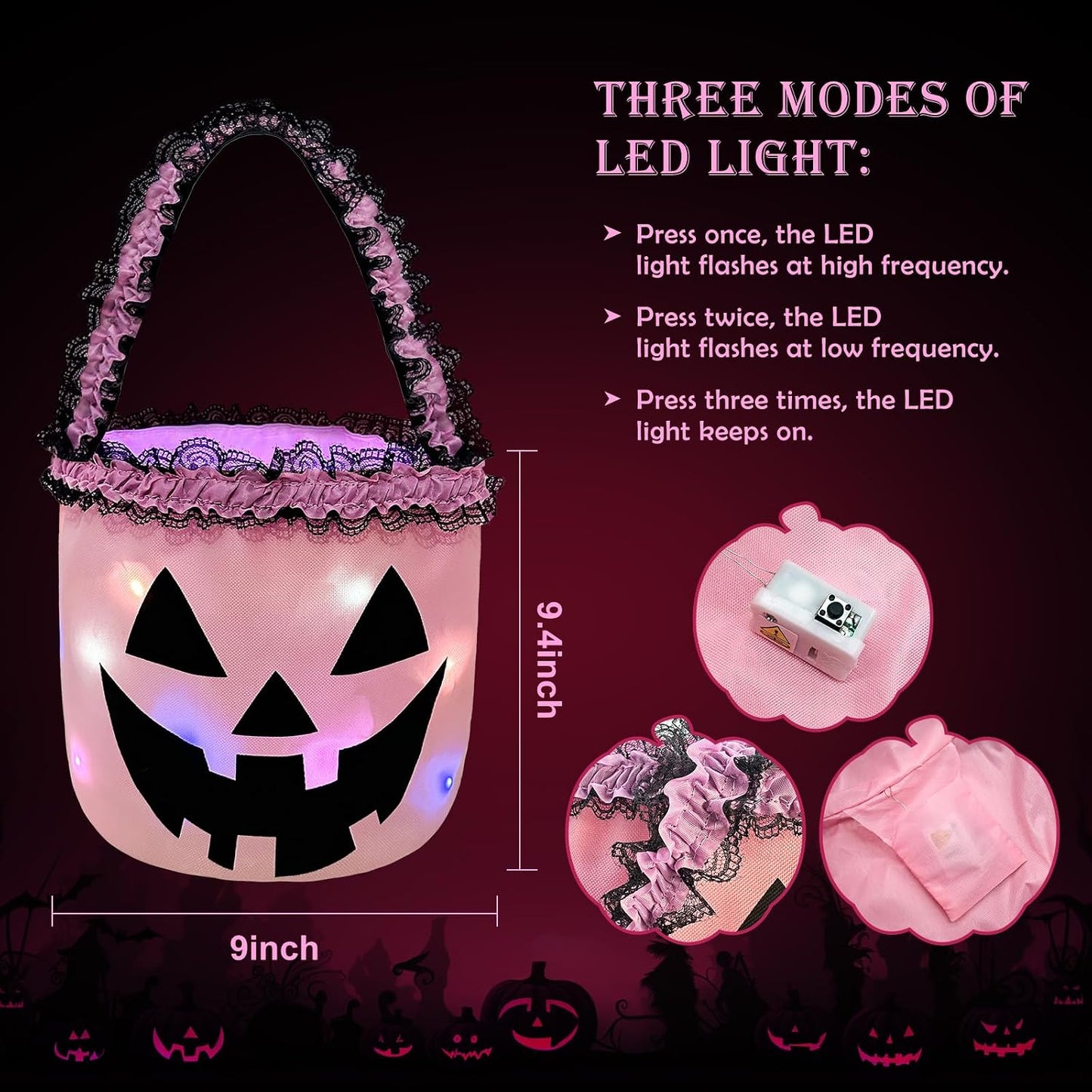 Halloween Candy Bucket with LED Light Pink Trick or Treat Buckets Baskets