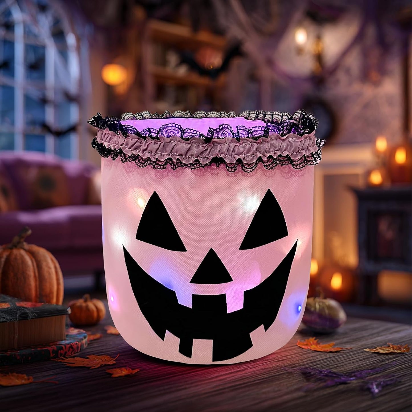 Halloween Candy Bucket with LED Light Pink Trick or Treat Buckets Baskets