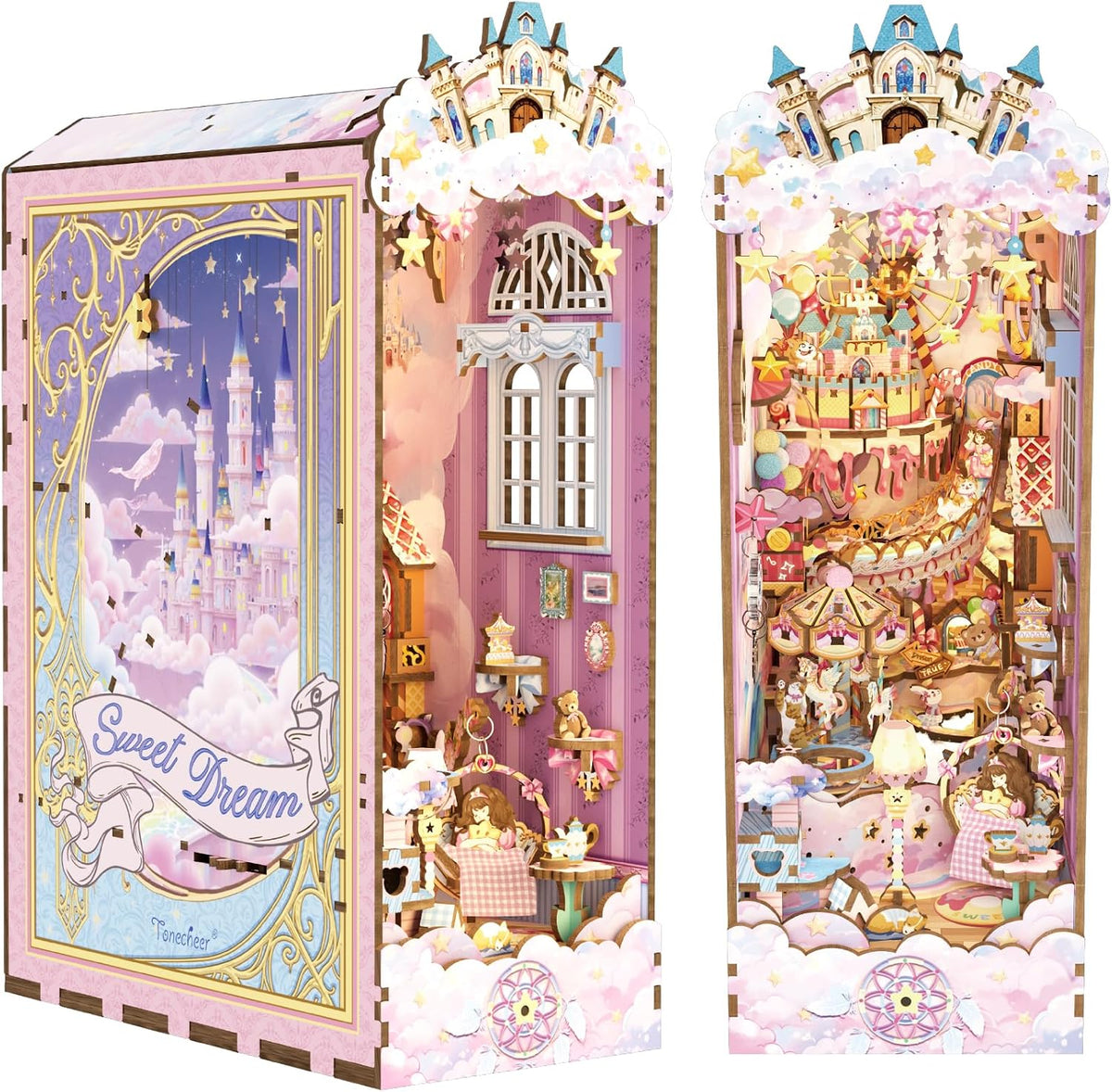 DIY Book Nook Kit for Adults, Booknook Wooden 3D Puzzle Bookend Miniature House Kit, Fantasy Pink Bookshelf Decor with Dust Cover and LED Light for Birthday Gifts (Sweet Dream)