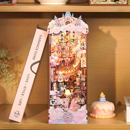 DIY Book Nook Kit for Adults, Booknook Wooden 3D Puzzle Bookend Miniature House Kit, Fantasy Pink Bookshelf Decor with Dust Cover and LED Light for Birthday Gifts (Sweet Dream)