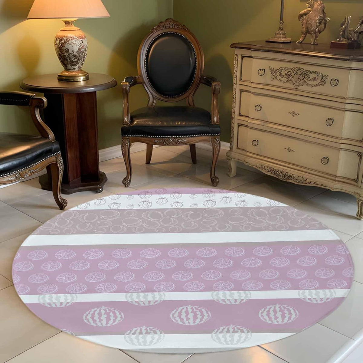Round Rugs 3.3 Ft, Farm Fruits Non Slip Living Room Kitchen Bathroom Rugs, Watermelon Lemons Peach Pink Grey Striped Washable Area Rug for Bedroom Dorm Hallway, Indoor/Outdoor Carpet
