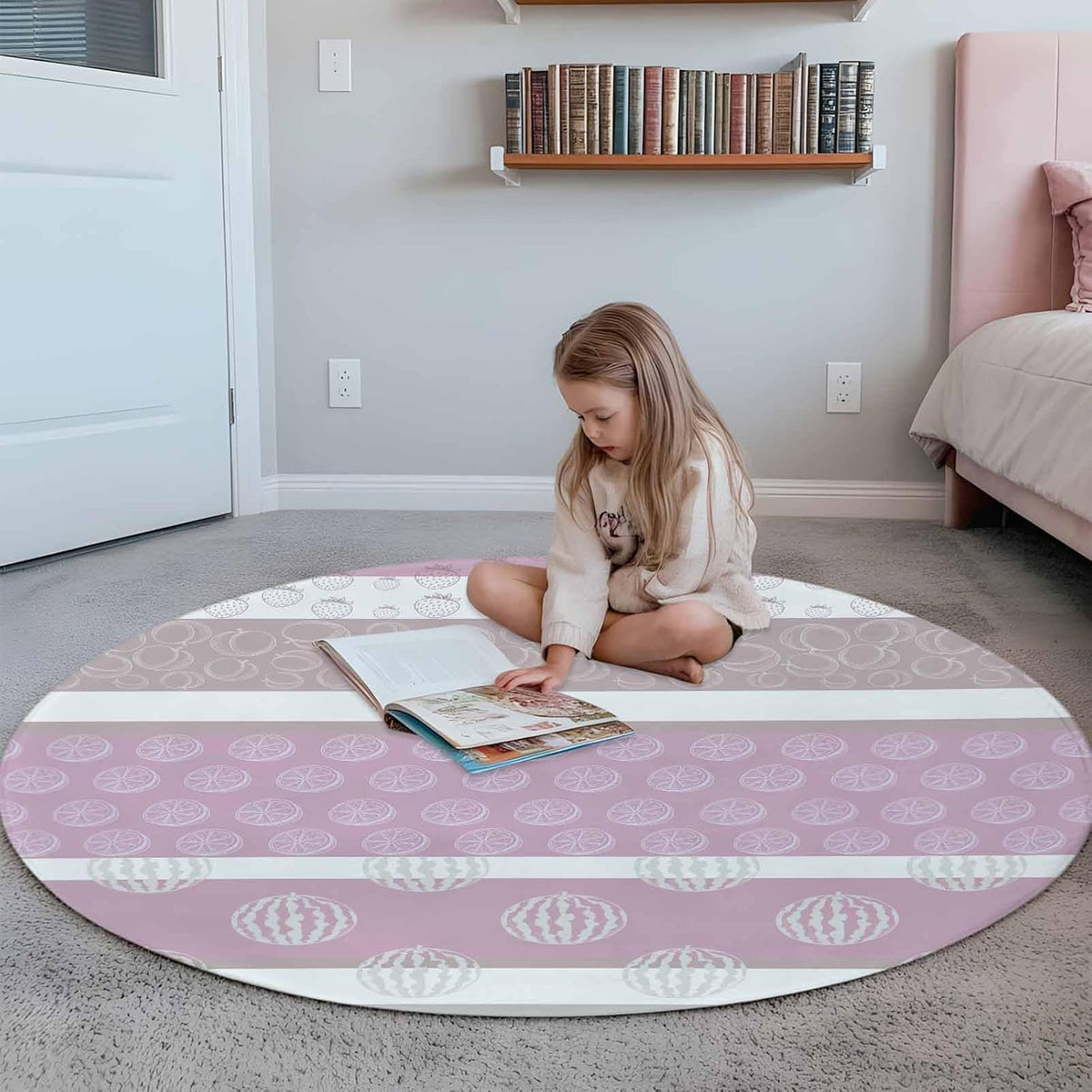 Round Rugs 3.3 Ft, Farm Fruits Non Slip Living Room Kitchen Bathroom Rugs, Watermelon Lemons Peach Pink Grey Striped Washable Area Rug for Bedroom Dorm Hallway, Indoor/Outdoor Carpet