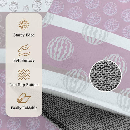 Round Rugs 3.3 Ft, Farm Fruits Non Slip Living Room Kitchen Bathroom Rugs, Watermelon Lemons Peach Pink Grey Striped Washable Area Rug for Bedroom Dorm Hallway, Indoor/Outdoor Carpet