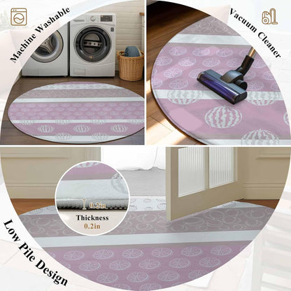 Round Rugs 3.3 Ft, Farm Fruits Non Slip Living Room Kitchen Bathroom Rugs, Watermelon Lemons Peach Pink Grey Striped Washable Area Rug for Bedroom Dorm Hallway, Indoor/Outdoor Carpet