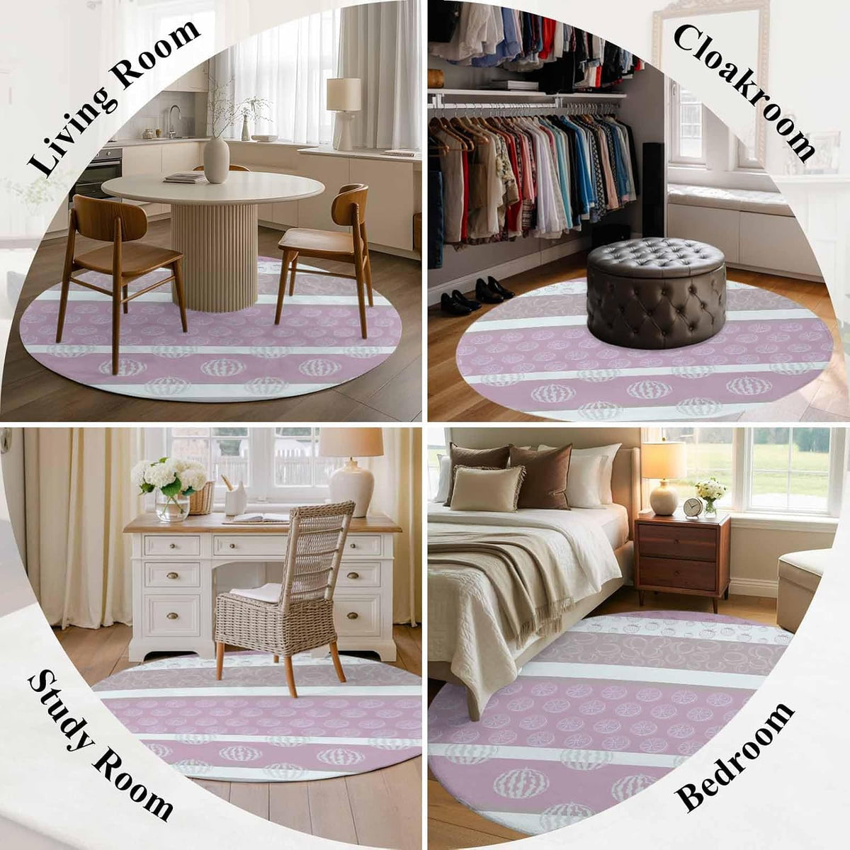 Round Rugs 3.3 Ft, Farm Fruits Non Slip Living Room Kitchen Bathroom Rugs, Watermelon Lemons Peach Pink Grey Striped Washable Area Rug for Bedroom Dorm Hallway, Indoor/Outdoor Carpet