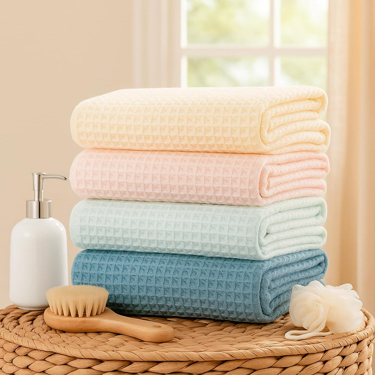 4 Pack 100% Cotton Waffle Bath Towels 28 x 55 Inch Oversize Waffle Towel Quick Dry Absorbent Soft Lightweight Blanket for Bathroom Shower Spa Yoga Beach Pool Travel, Blue, Pink, White