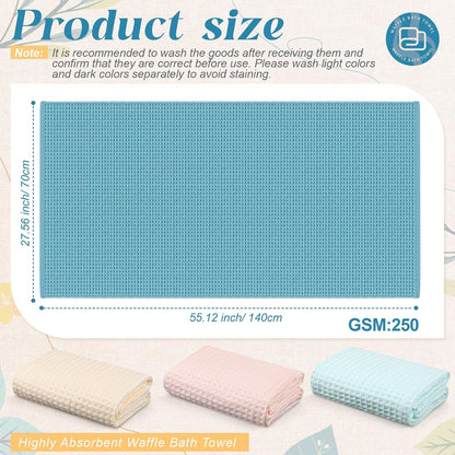 4 Pack 100% Cotton Waffle Bath Towels 28 x 55 Inch Oversize Waffle Towel Quick Dry Absorbent Soft Lightweight Blanket for Bathroom Shower Spa Yoga Beach Pool Travel, Blue, Pink, White