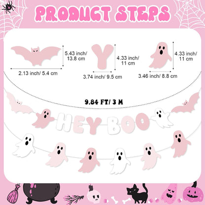 2 Pcs Pink Halloween Decoration, Cute Ghost Garland for Mantle
