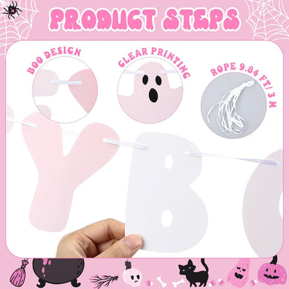 2 Pcs Pink Halloween Decoration, Cute Ghost Garland for Mantle