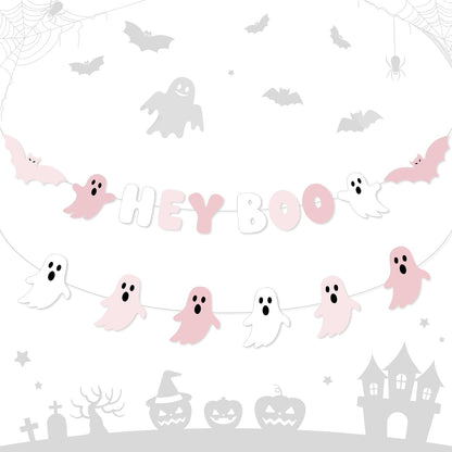 2 Pcs Pink Halloween Decoration, Cute Ghost Garland for Mantle