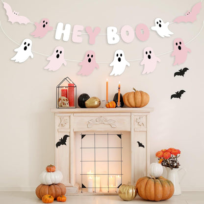 2 Pcs Pink Halloween Decoration, Cute Ghost Garland for Mantle