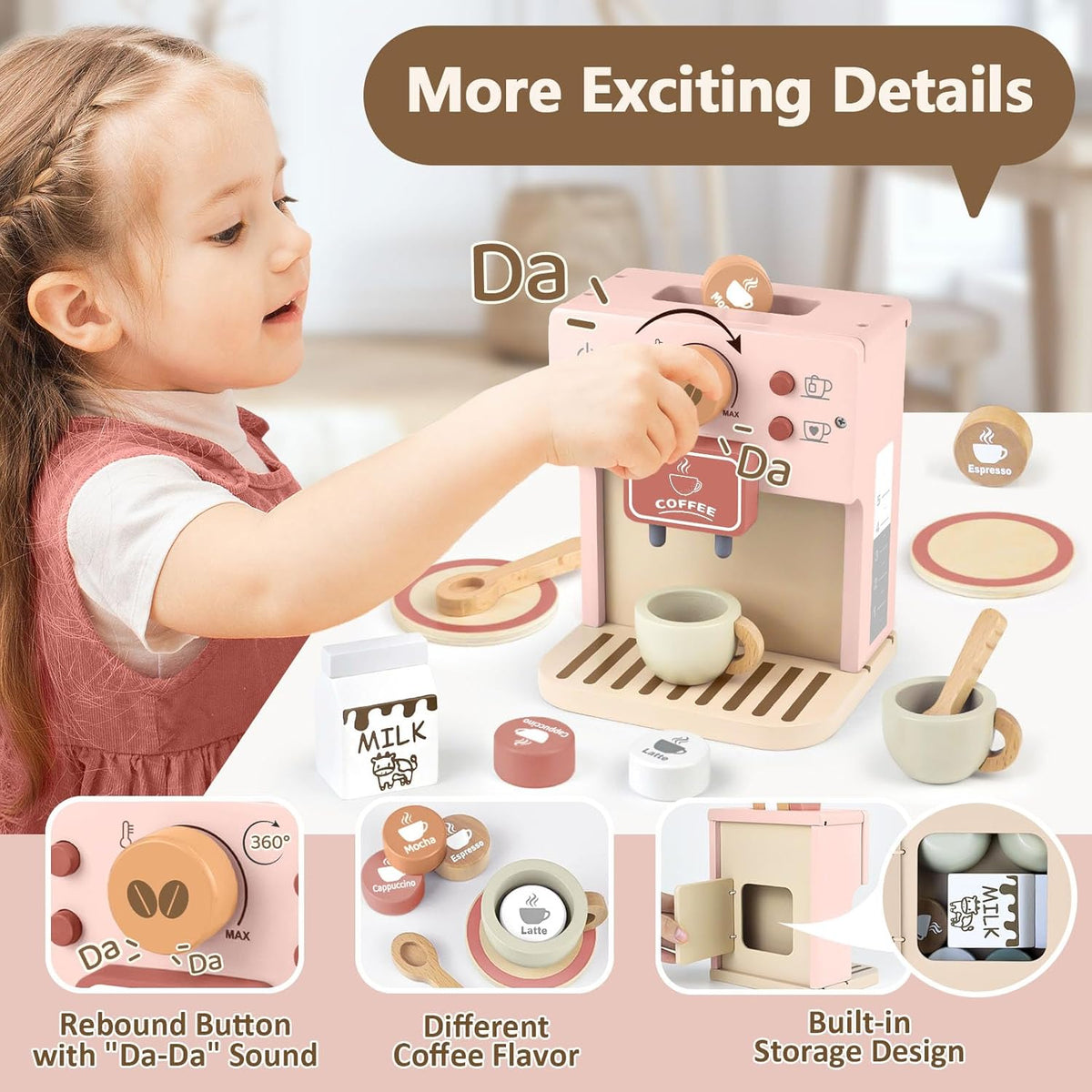 Toy for Kids Wooden Kitchen Accessories Pretend Play, Pink